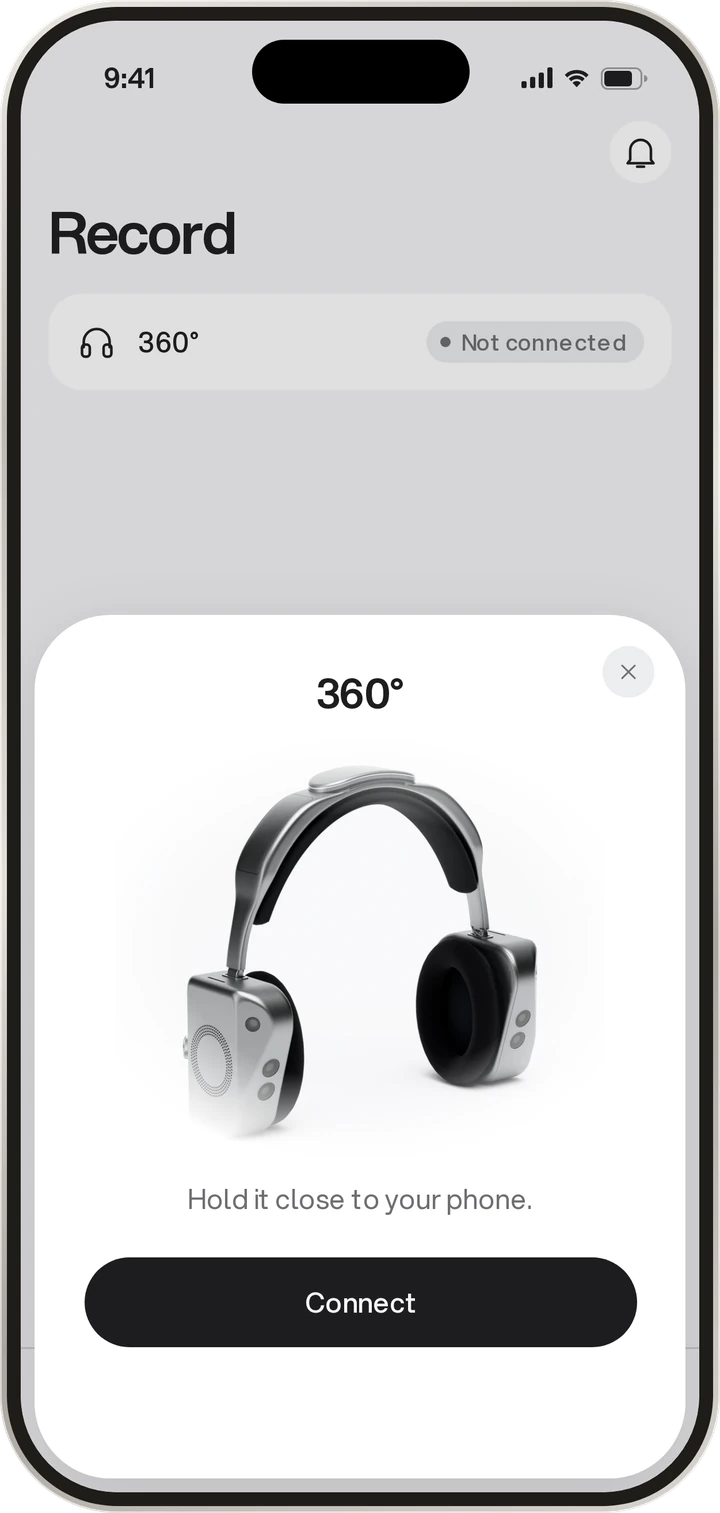 App screen: pairing the 360° headset, with a render of the headset
