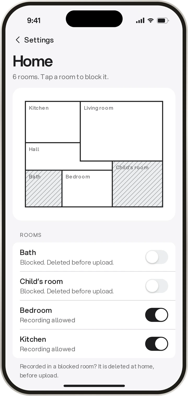 App screen: rooms at home where recording is blocked
