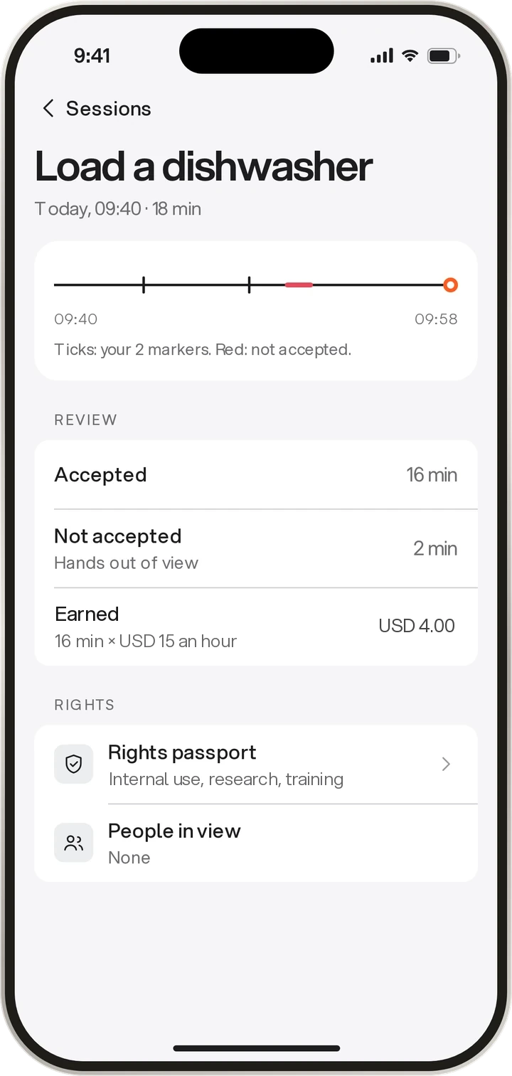 App screen: review of one session with accepted and not accepted minutes and the pay for it