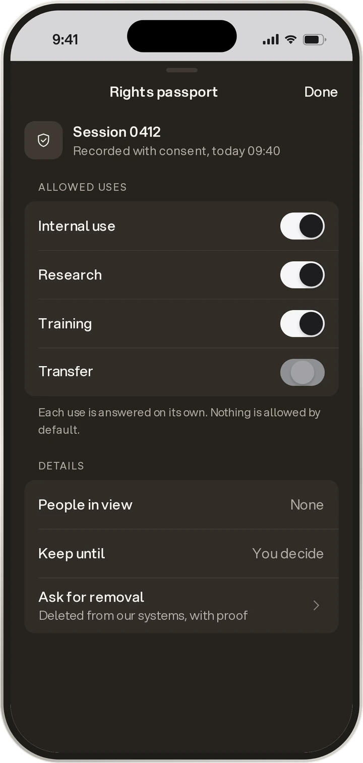 App screen: the rights passport of one session