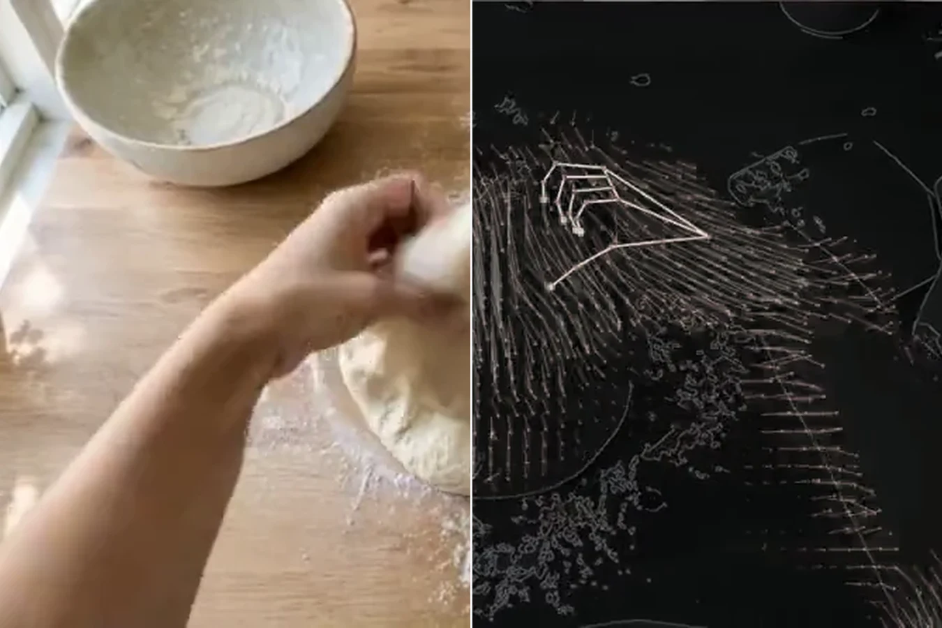Film from the wearer’s view while kneading dough, and the same moment as a robot sees it: hands with 21 points, motion and edges