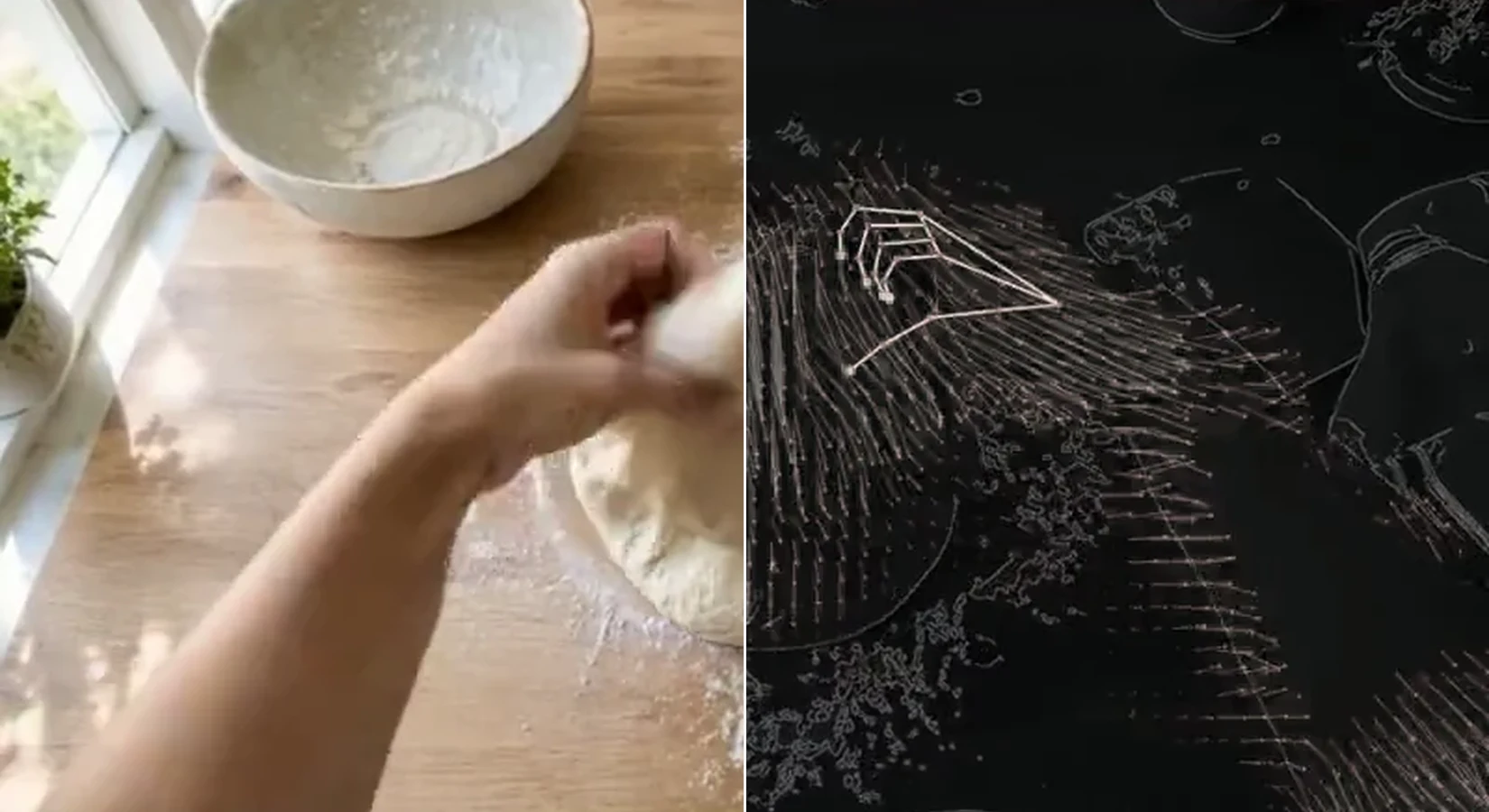 Film from the wearer’s view while kneading dough, and the same moment as a robot sees it: hands with 21 points, motion and edges