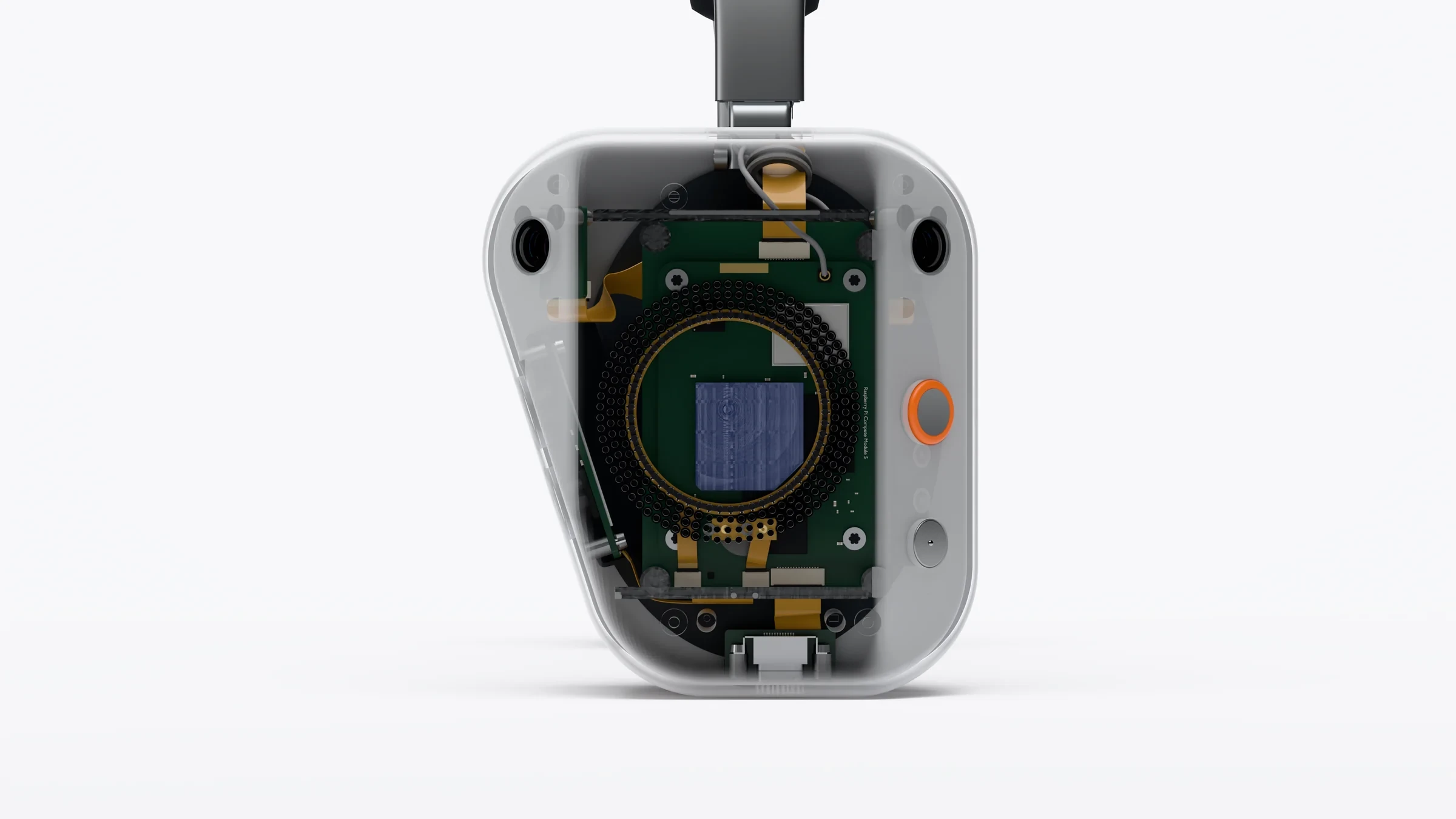 Render: the right ear cup with its shell shown see-through, the computer and storage inside