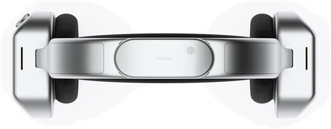 Render of the 360° headset from above, with its eight cameras, four microphones and the beacon marked