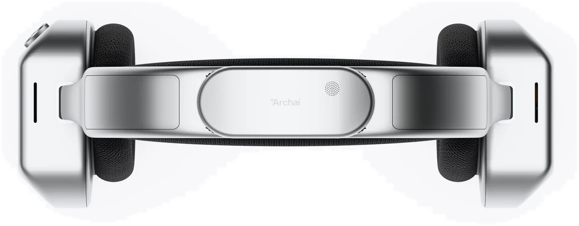 Render of the 360° headset from above, with its eight cameras, four microphones and the beacon marked