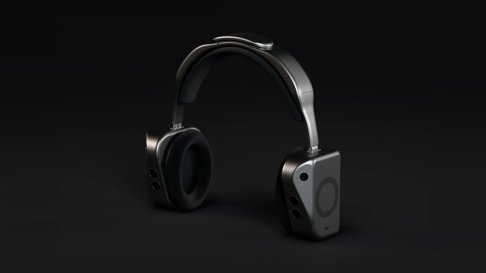 Render of the 360° headset in the dark, turning once around its axis