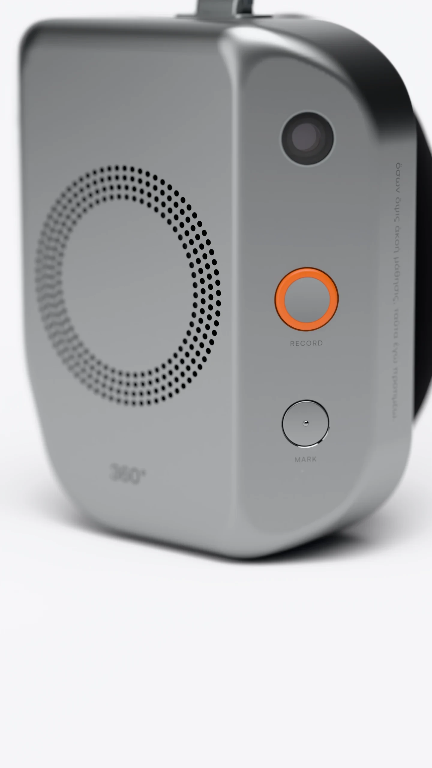 Render: the right ear cup with its ring of holes, the record button and the privacy button