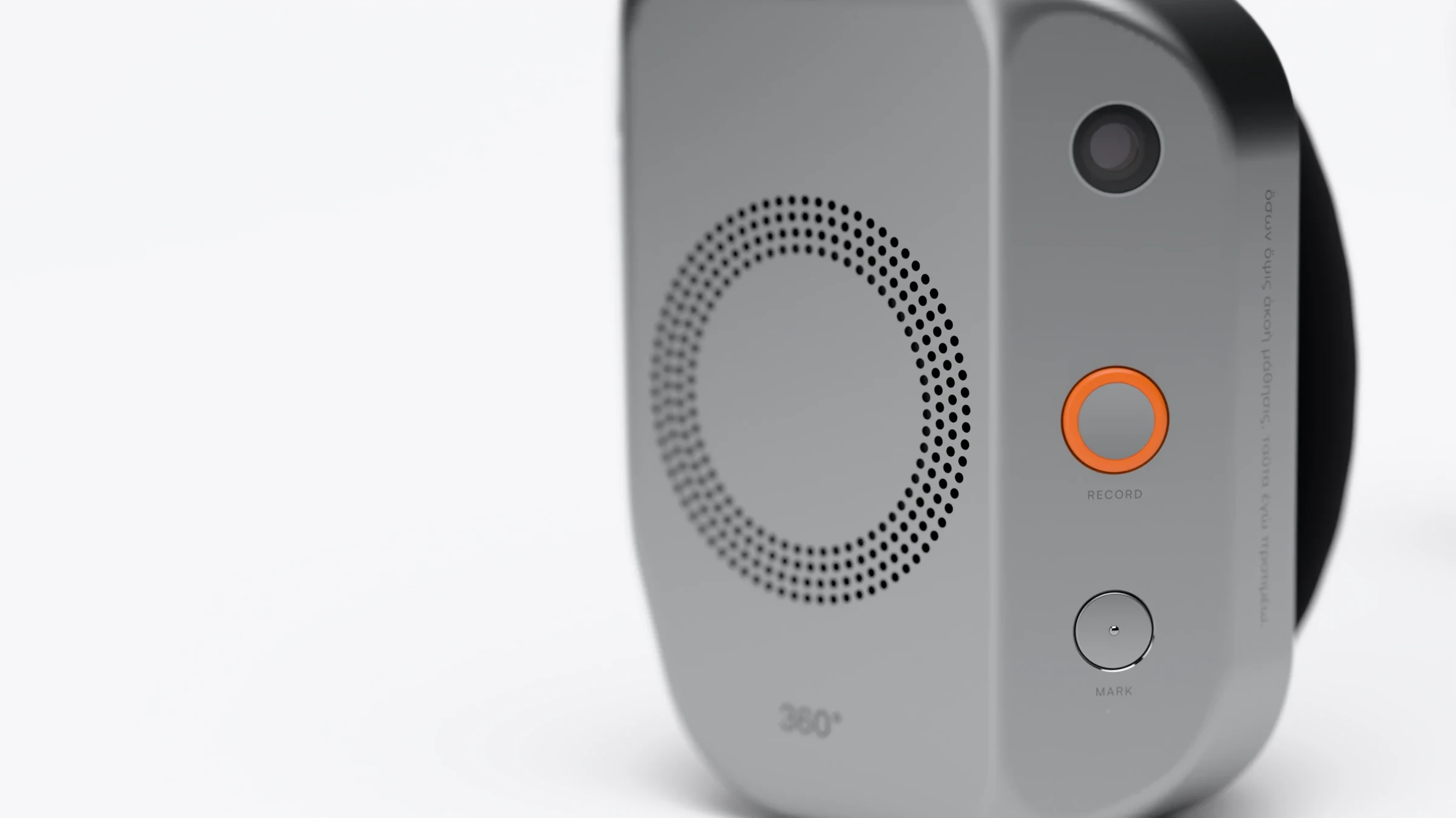 Render: the right ear cup with its ring of holes, the record button and the privacy button